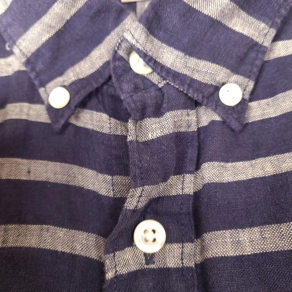 J. Crew Shirt Mens XL Blue Striped 100% Linen Short‎ Sleeve Button Down